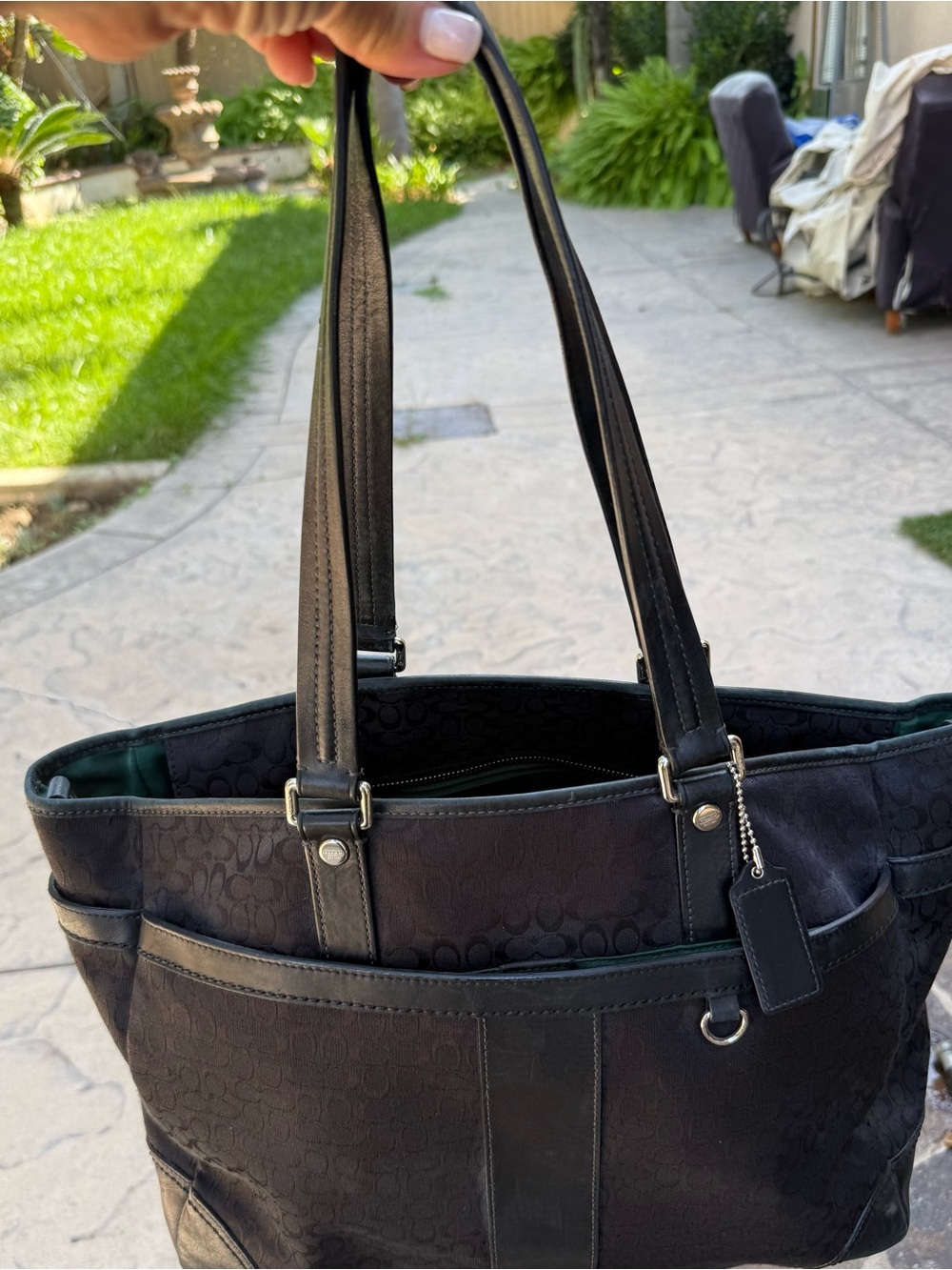 Coach Signature C Jacquard tote in black with black leather trim